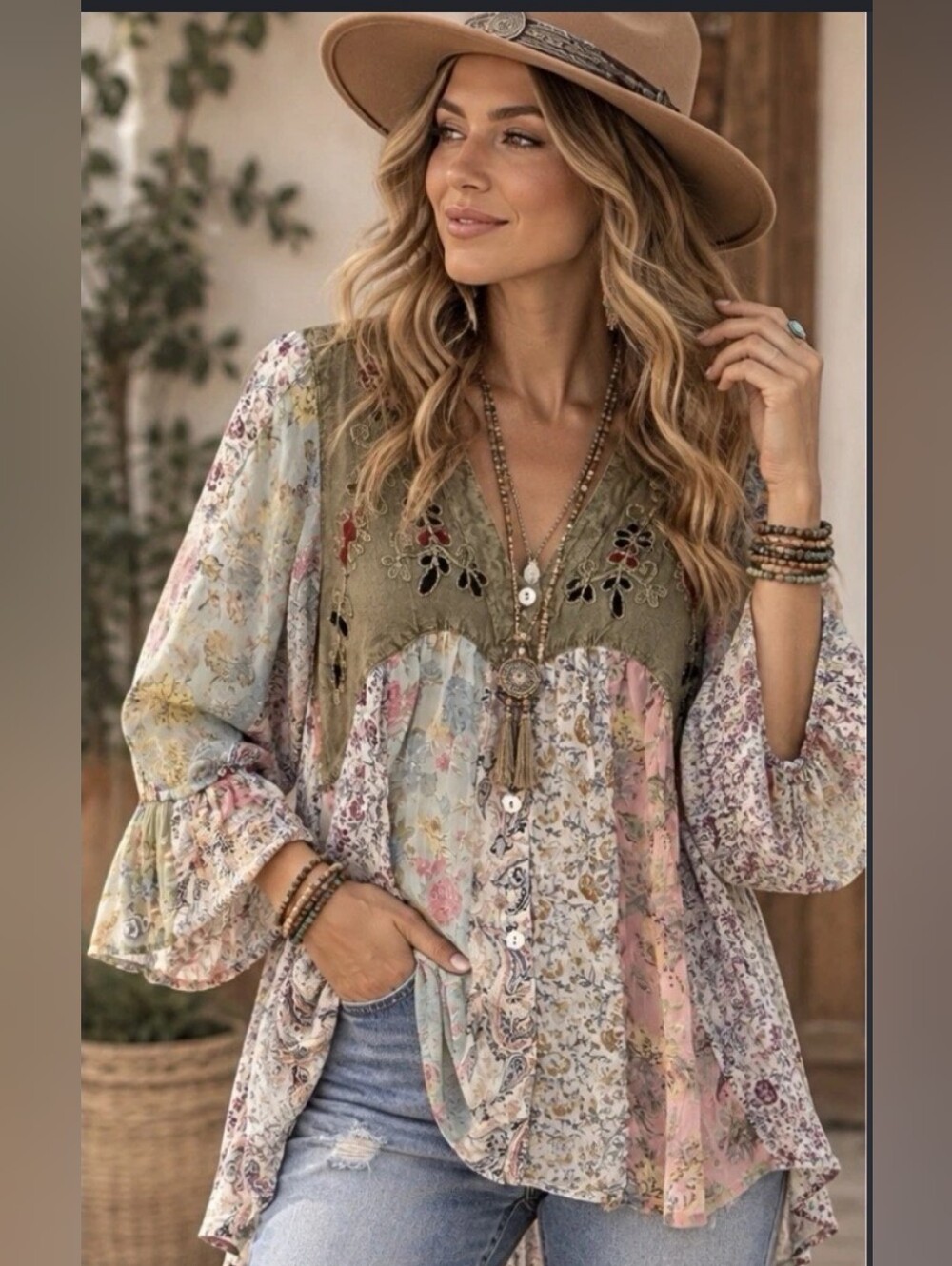Boho Floral Patchwork V-Neck Peasant Tunic Top - Olive & Pastel Floral-OOAK